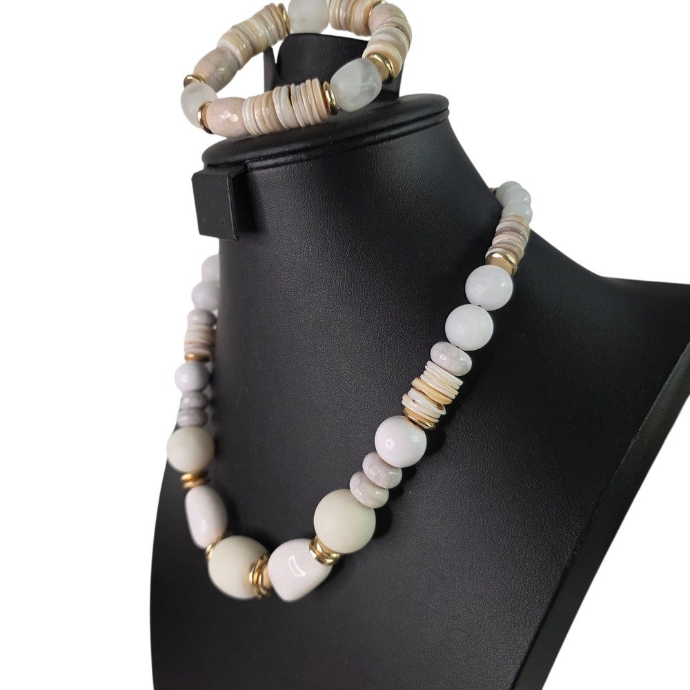 Chicos Chunky Necklace Mother of Pearl Gemstone Jewelry Set Coastal Boho Beachy - Picture 2 of 6